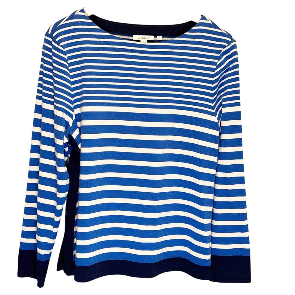 Chico's Nautical Stripe Lightweight Cotton Blend Long Sleeve Sweater - 2 (Large)